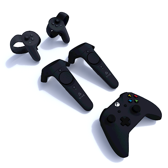 3D rendering of the Oculus Touch, Vive controllers and Xbox One gamepad.