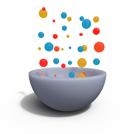 Abstract 3D illustration of spheres floating above and in a bowl.