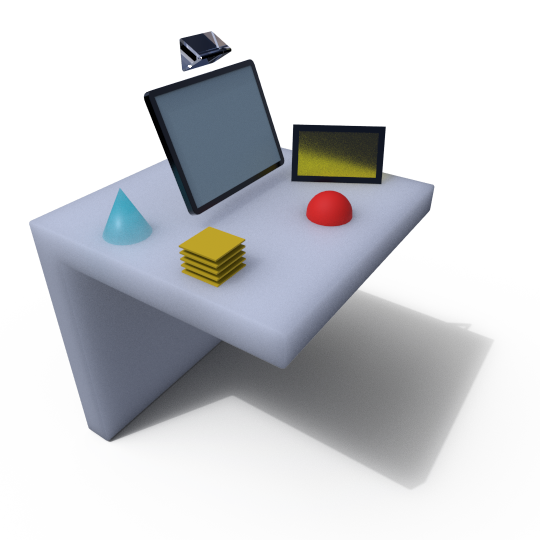 Workspace personalization abstract 3D illustration of a desk with objects and tools.
