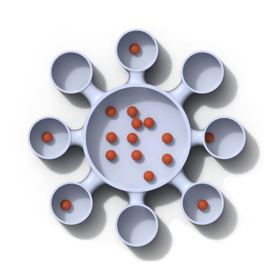 Abstract 3D illustration of a spoke designed building. A center open space with private spaces at the connected parameter.